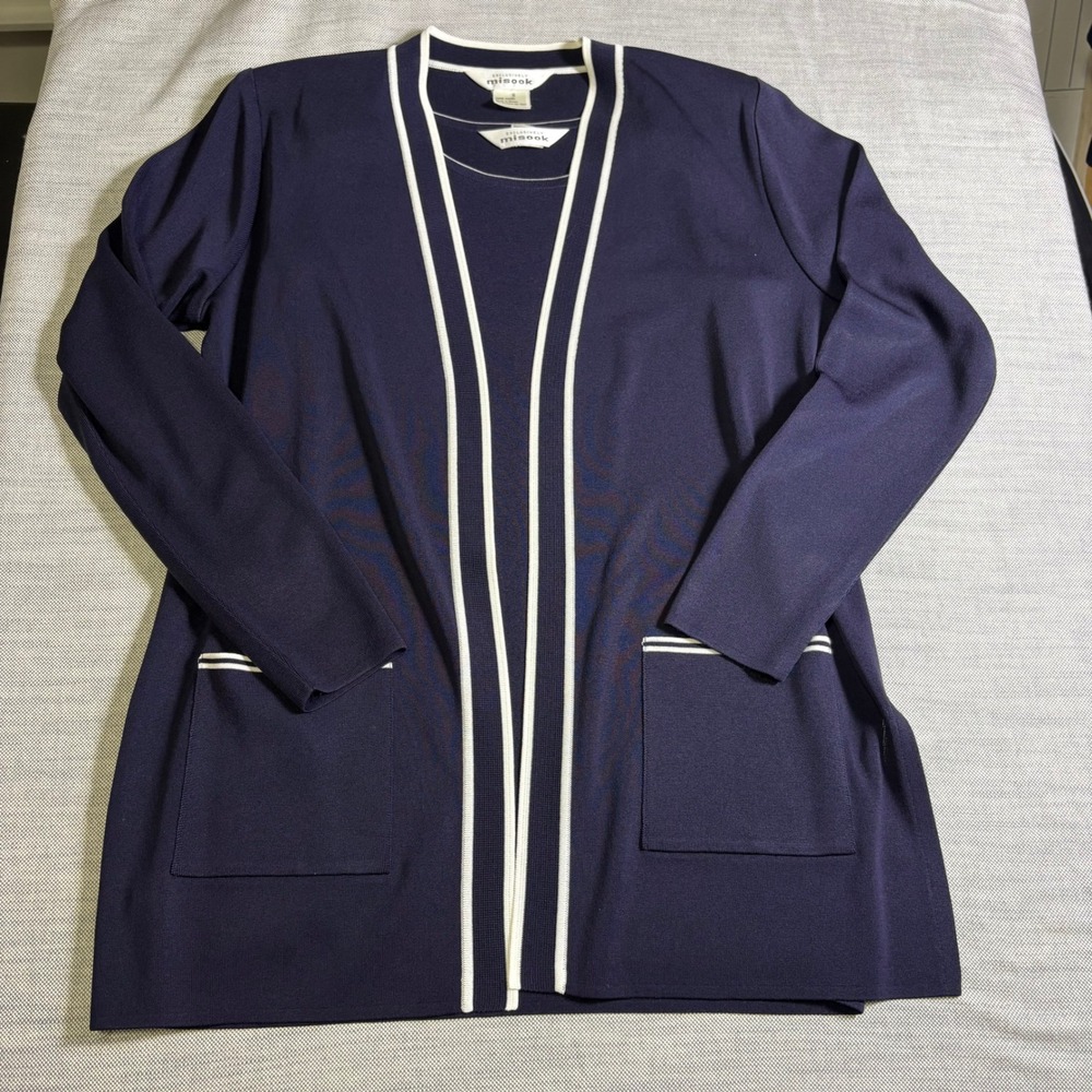 Misook Cardigan Tank Set S Navy Blue Knit Contrast Trim Professional MSRP $450